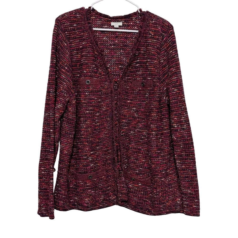 J Jill Womens XL Burgundy Knit Cardigan Hook & Eye Front Open Sweater